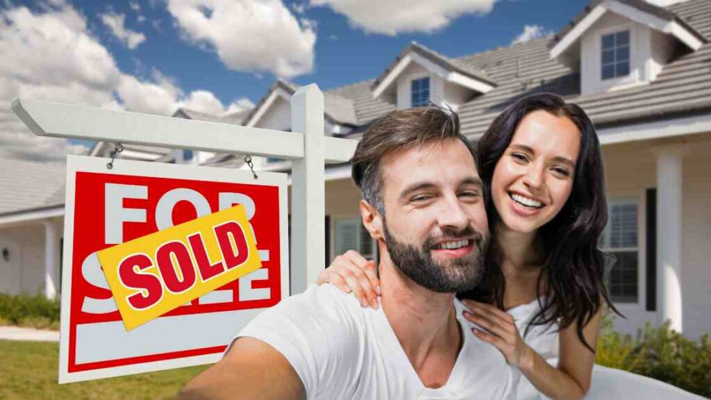 House with sold sign and happy homeowners or key symbolizing advantages of engaging with a trustworthy quick house sale company.