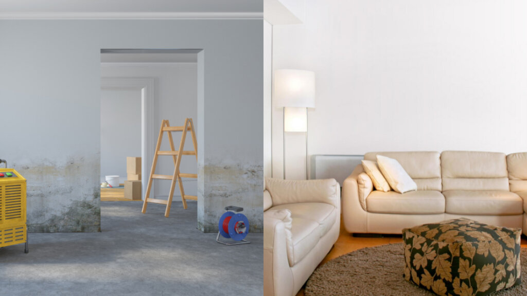 Comparison of property values - water-damaged home vs. well-maintained home