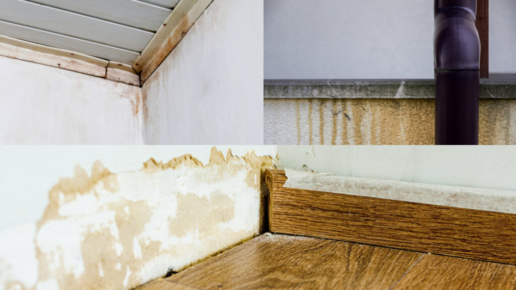 Water stains on walls, floors ,ceiling indicating potential water damage in a home