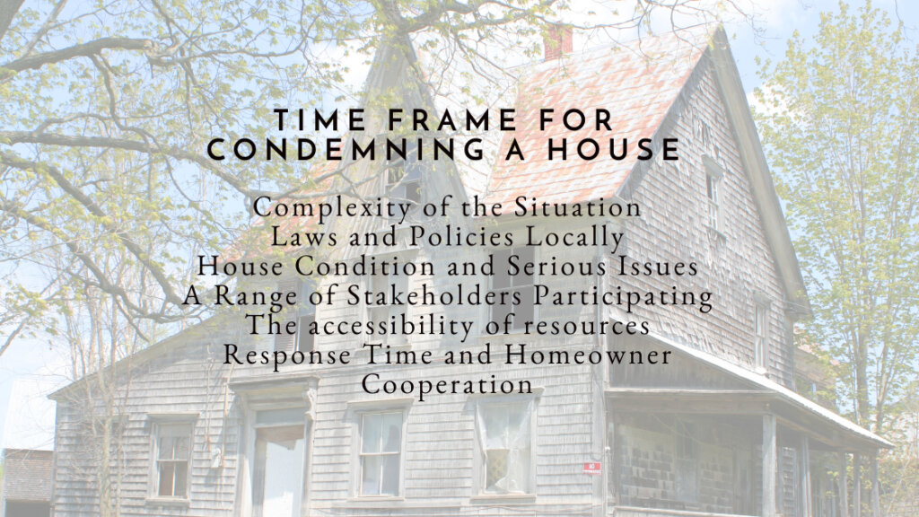 Illustration showing the step-by-step process of house condemnation, including complaints, inspections, repairs, and legal proceedings