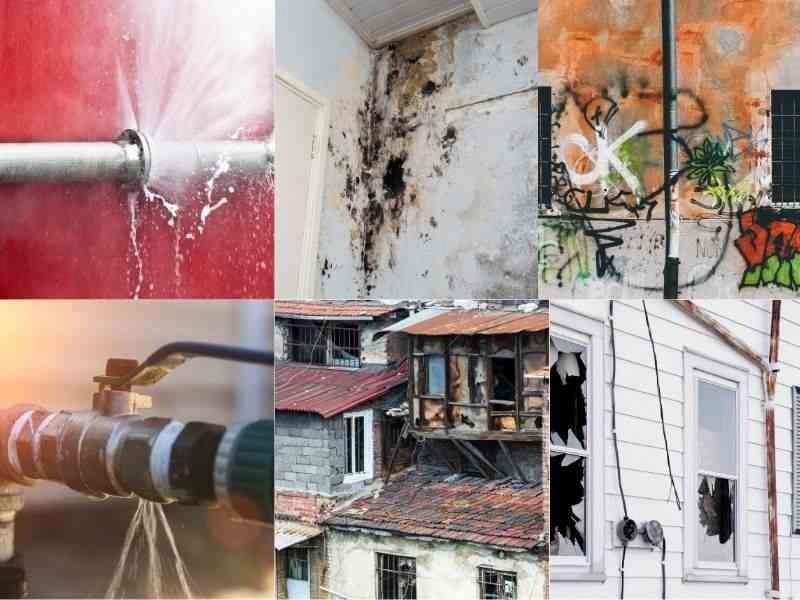 Illustration of risks associated with leaving a house vacant including water damage, mold, and unauthorized entry.