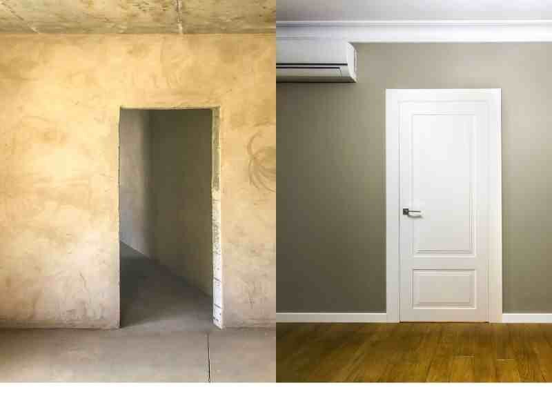 Before-and-after images of a condemned house undergoing renovation and repair works