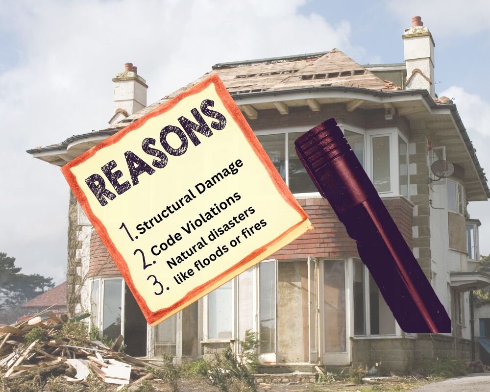 Chart illustrating common reasons for house condemnation, including structural damage and code violations