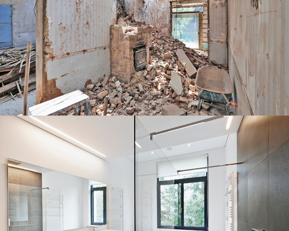 Before and after transformation of an abandoned house through renovation