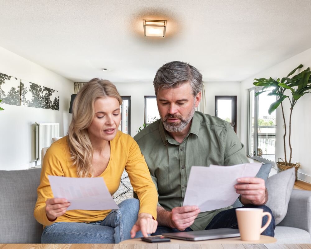 Middle-aged couple evaluating a cash offer on their home amidst paperwork and a calculator.
