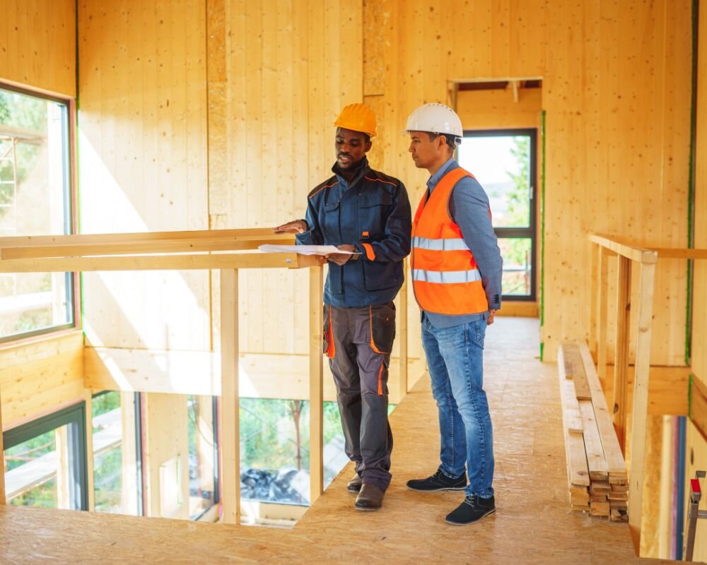 Property owner consulting with a safety inspector on the next steps for a condemned house