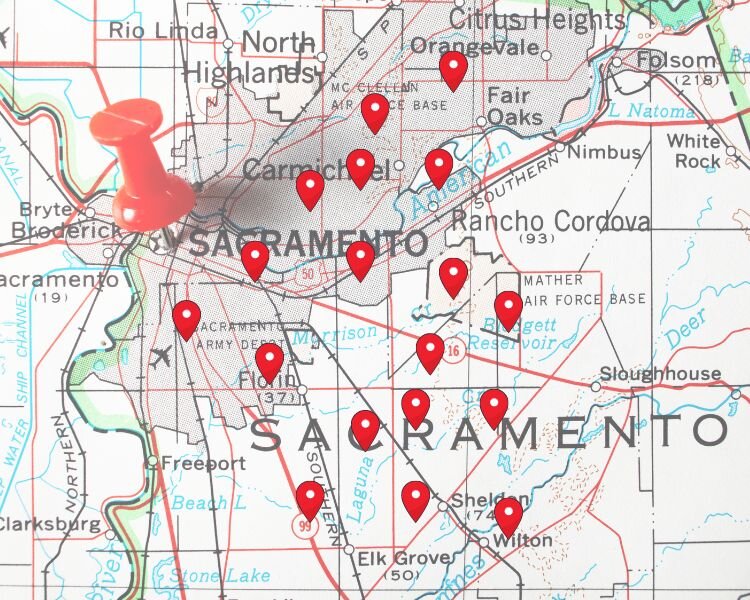 Map of Sacramento highlighting reputable cash house buyers and investment companies