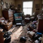 Overstuffed, chaotic living room with poor lighting and a visible 'For Sale' sign, indicating seller carelessness.