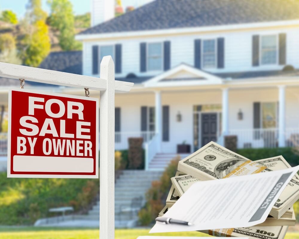 Modern house for sale with cash and contract on the lawn, depicting selling options.