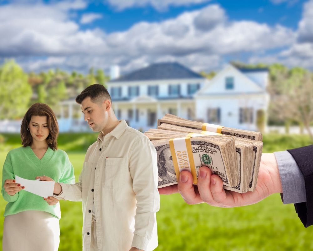 clear display of cash and a home in the background.