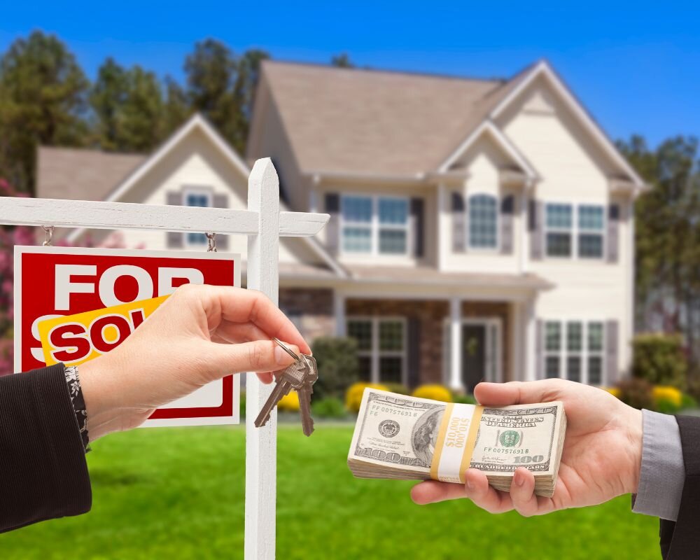 A stack of cash being exchanged for house keys