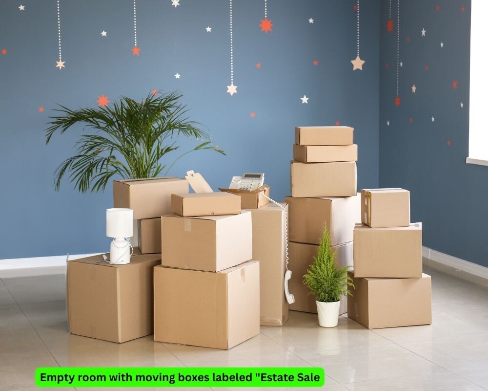 Empty room with moving boxes labeled "Estate Sale," illustrating the need to sell a house quickly after a family death.