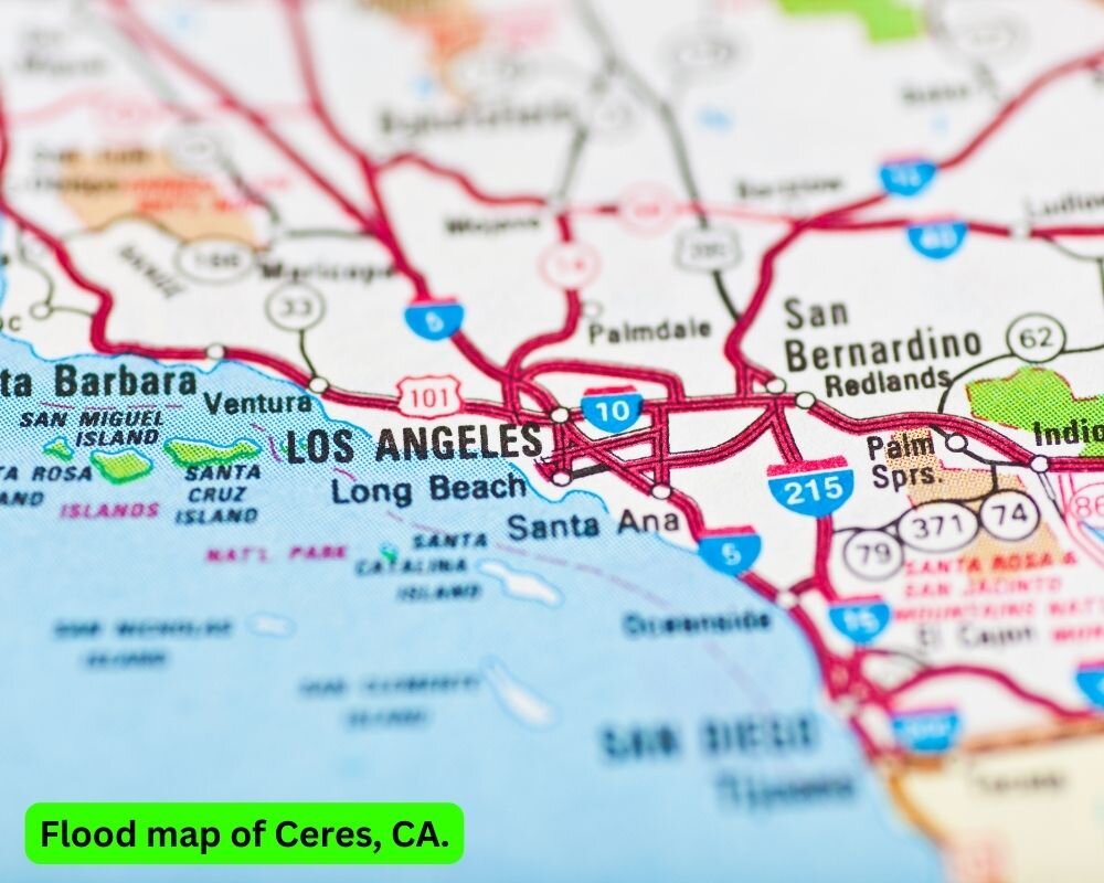 Flood map of Ceres, CA illustrating areas at risk of severe flooding.