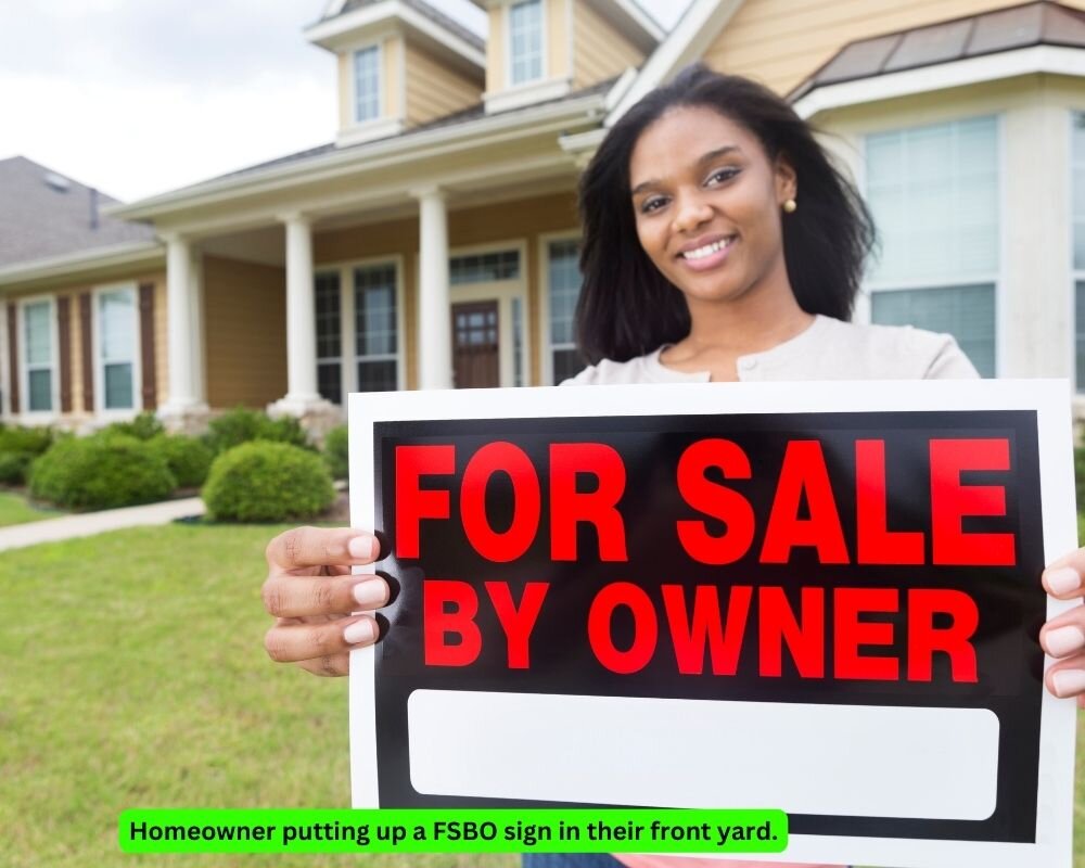 Homeowner in Ceres, CA putting up a "For Sale By Owner" sign to sell their house without a real estate agent.
