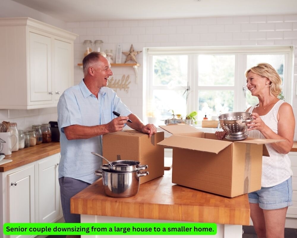 Senior couple moving from a large house to a smaller home, demonstrating the benefits of downsizing quickly by selling for cash.