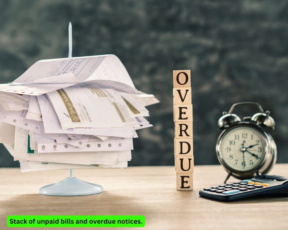 Stack of unpaid bills and overdue notices, a common financial reason for needing to sell a house quickly in Ceres, CA.
