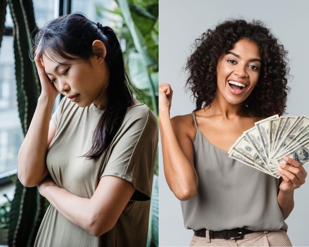 Comparison of Distressed Homeowner and Happy Homeowner Holding Cash After Selling House for Cash.