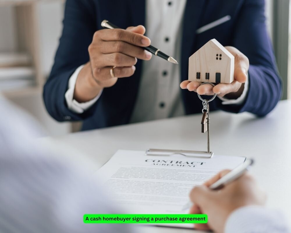 Cash homebuyer signing a purchase agreement with a homeowner.