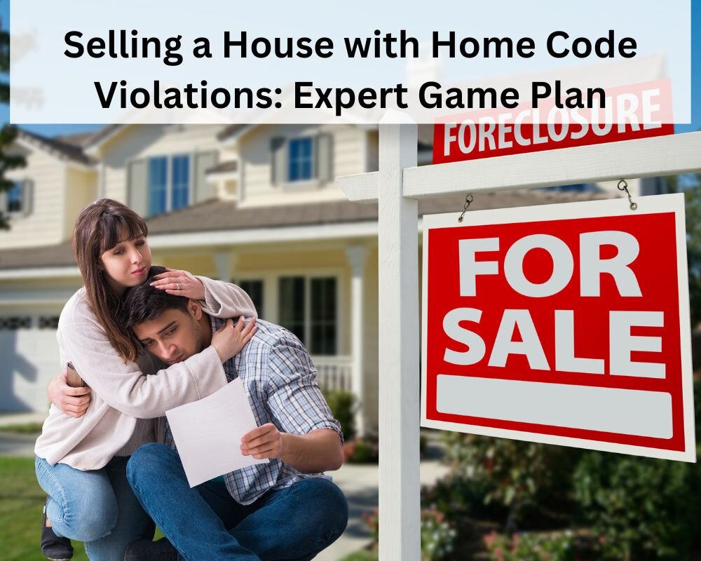 A couple in front of their house with a sale sign, holding foreclosure notices.