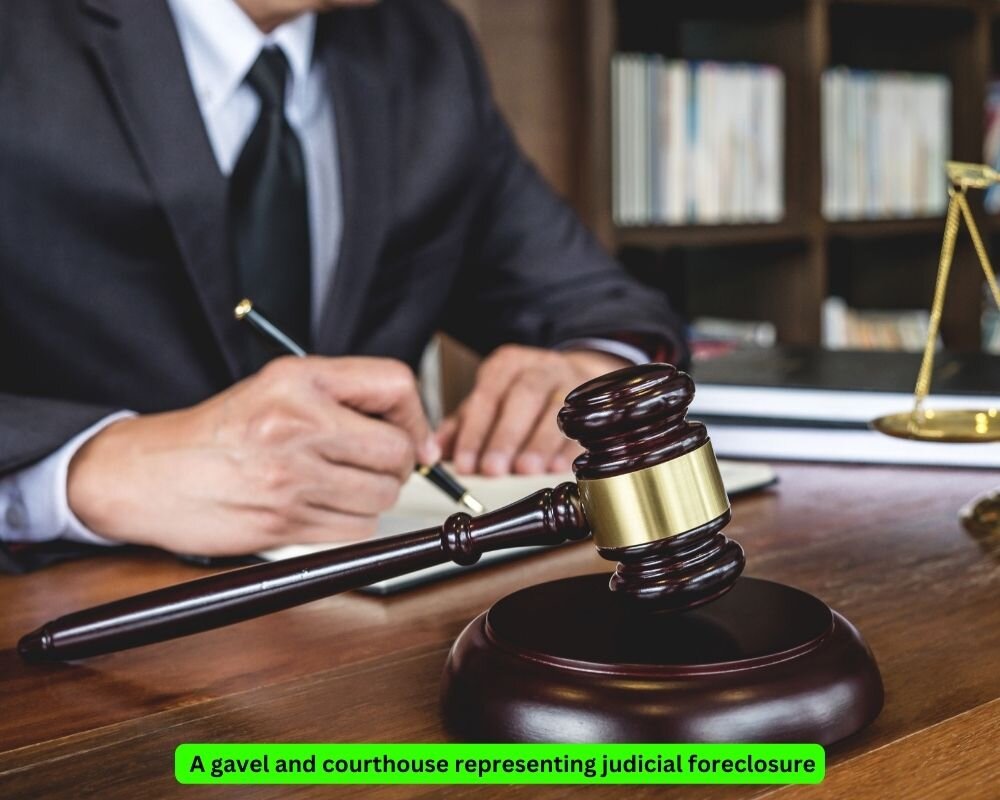 Gavel and courthouse representing the judicial foreclosure process
