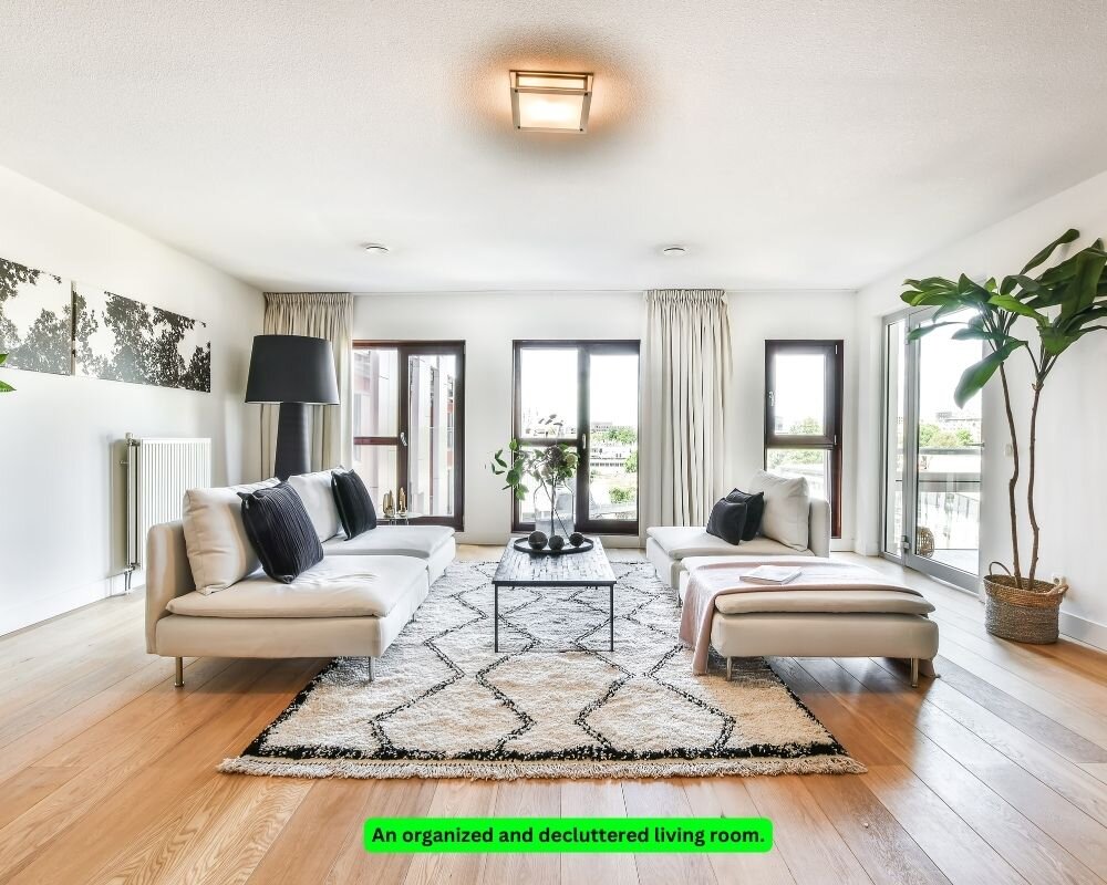Neatly organized living room demonstrating the importance of decluttering for a smooth property sale.
