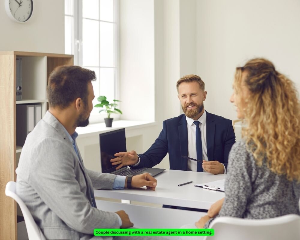 Divorcing couple consulting with a real estate agent about selling their home.