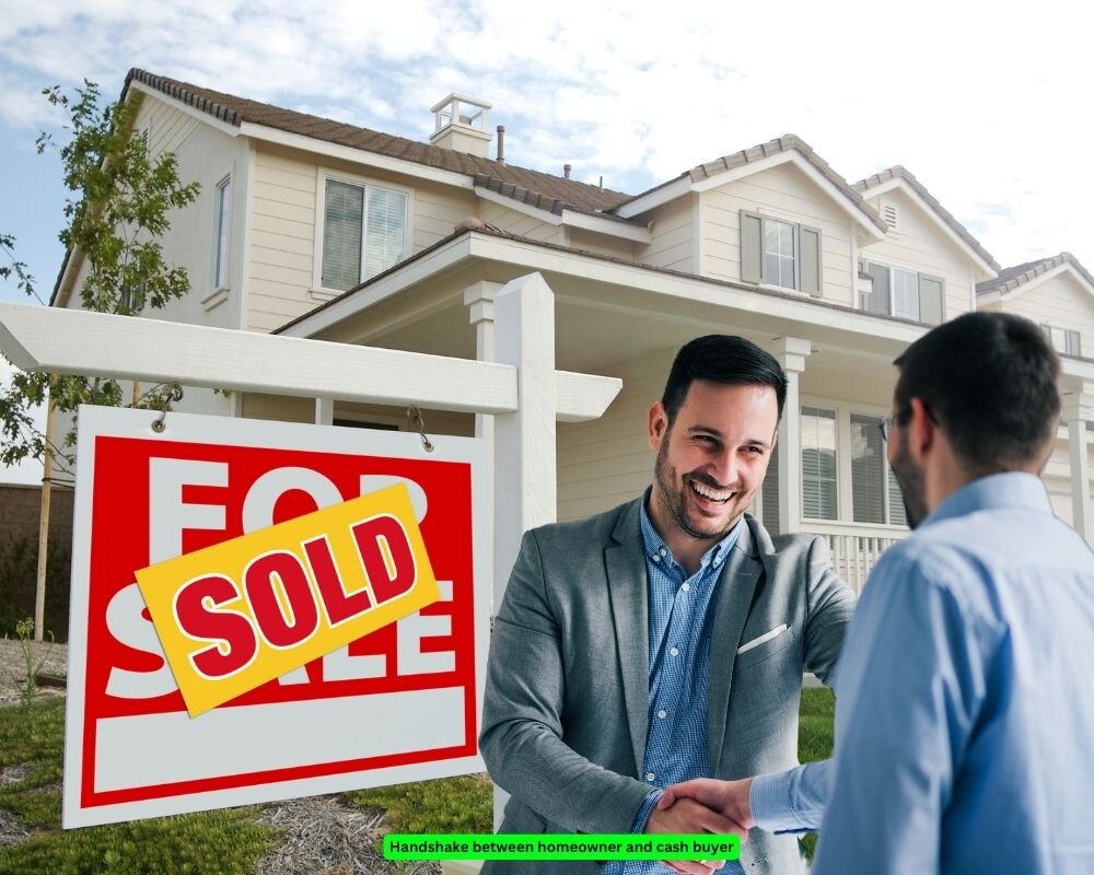 andshake between a homeowner and a cash buyer, simplifying the selling process before an out-of-state move.