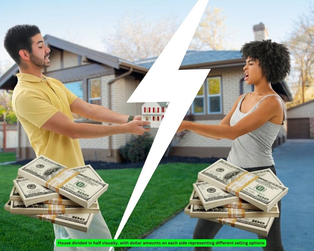 Illustration showing a house divided in half, highlighting various property division options in a divorce