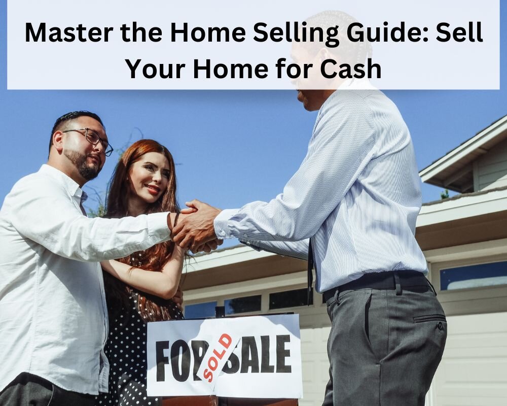 Couple shaking hands with a realtor beside a 'For Sale' sign as money rains down on a sunny day.