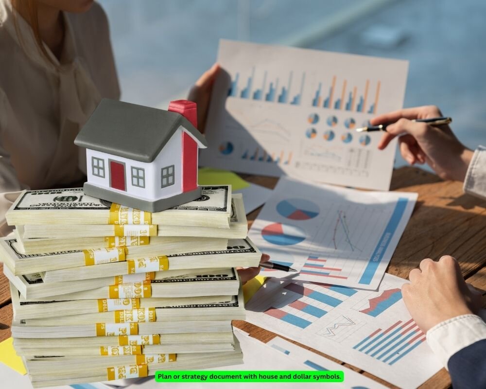 Strategy document with house and dollar signs illustrating the process of selling assets in divorce.