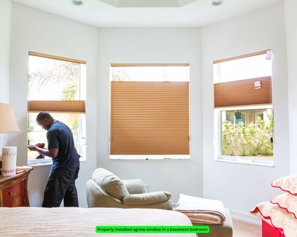 Correctly installed egress window in a basement bedroom for safety.