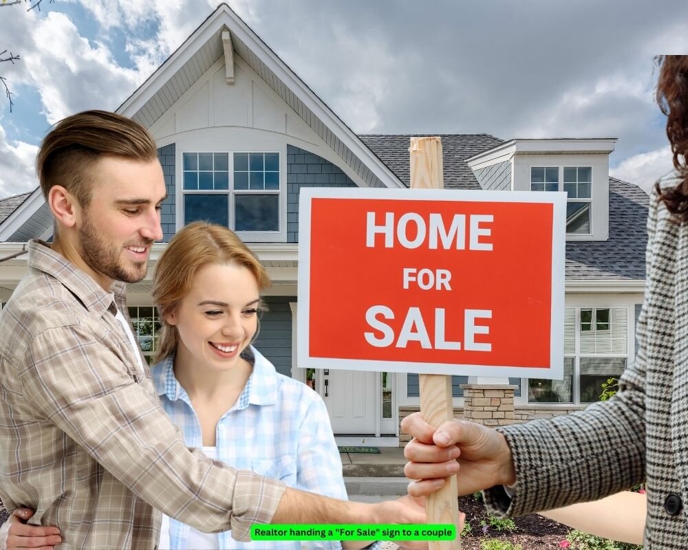 Realtor handing a 'For Sale' sign to a divorcing couple, discussing the idea of selling their house