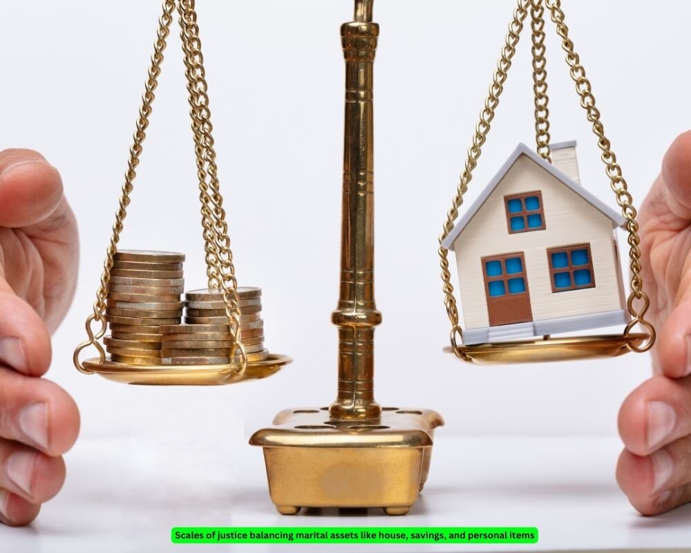 Scales of justice balancing house, savings, and personal items to symbolize fair asset division in divorce