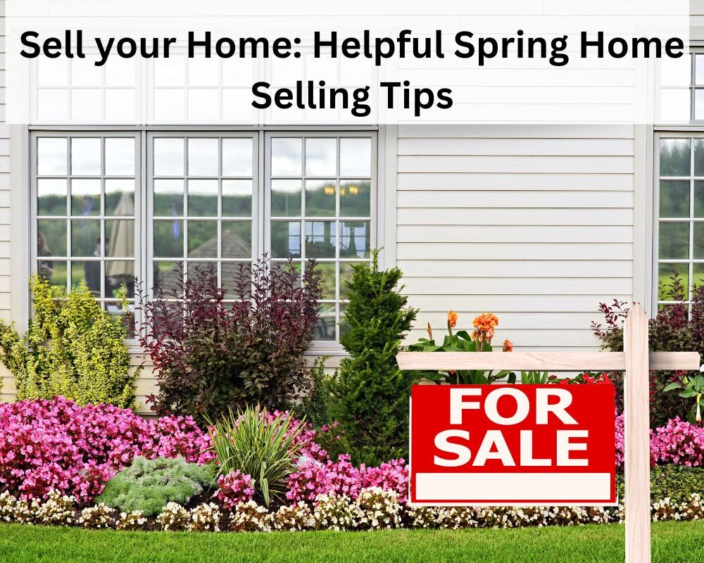 Beautiful spring landscape with flowers and a house for sale
