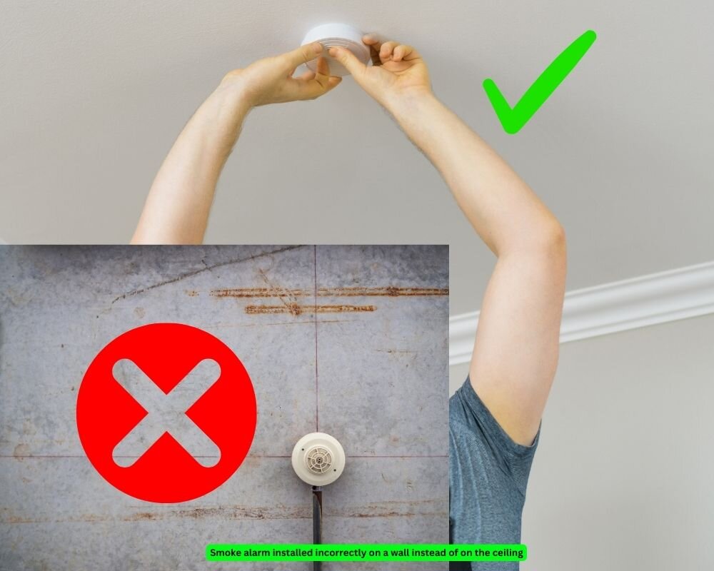 Example of a misplaced smoke alarm violating building codes.
