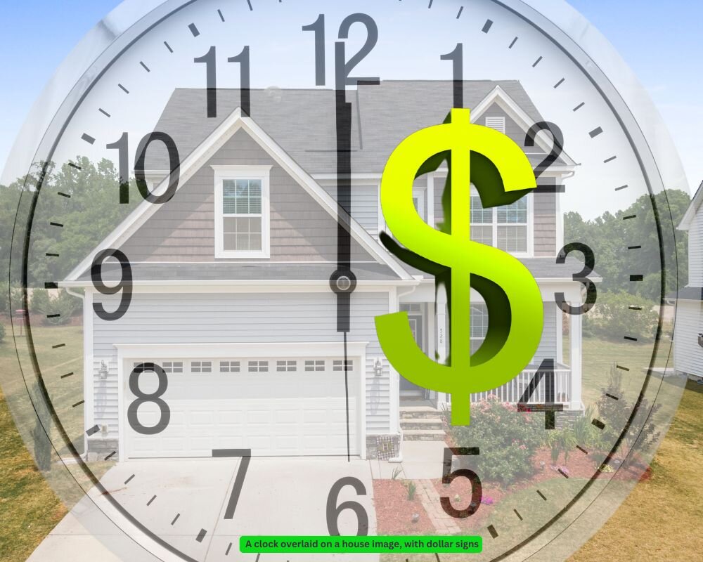 Clock and house image with dollar signs, illustrating the benefits of quick home sales