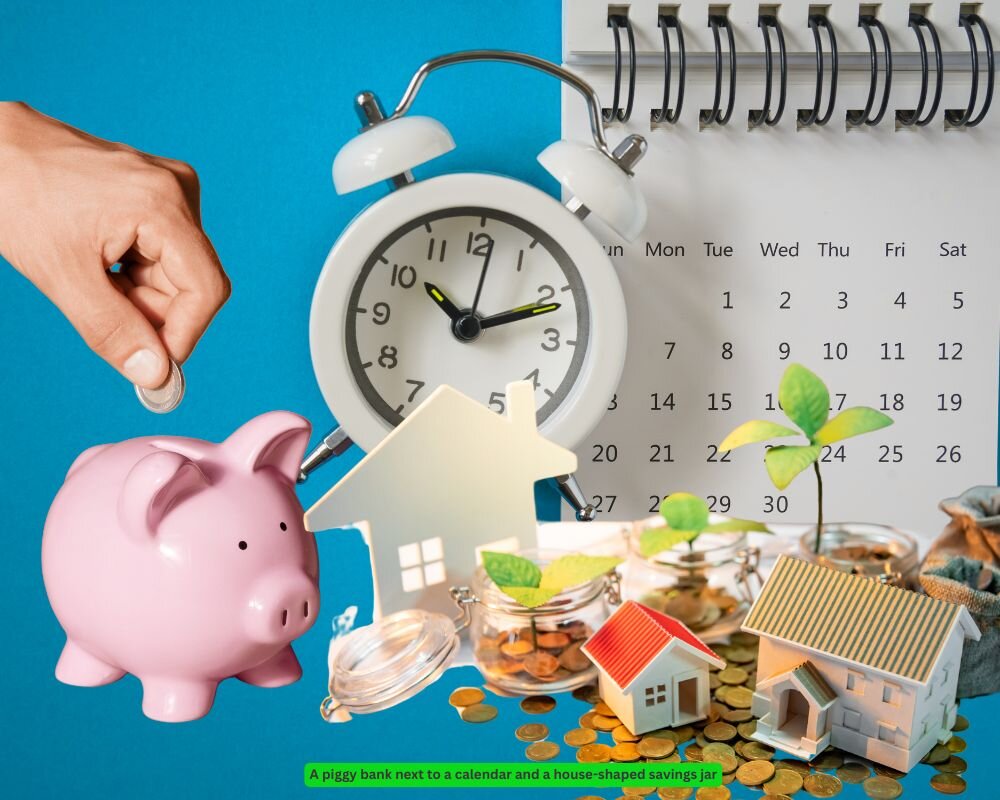 piggy bank, calendar, and house-shaped savings jar illustrating preparation for closing cost