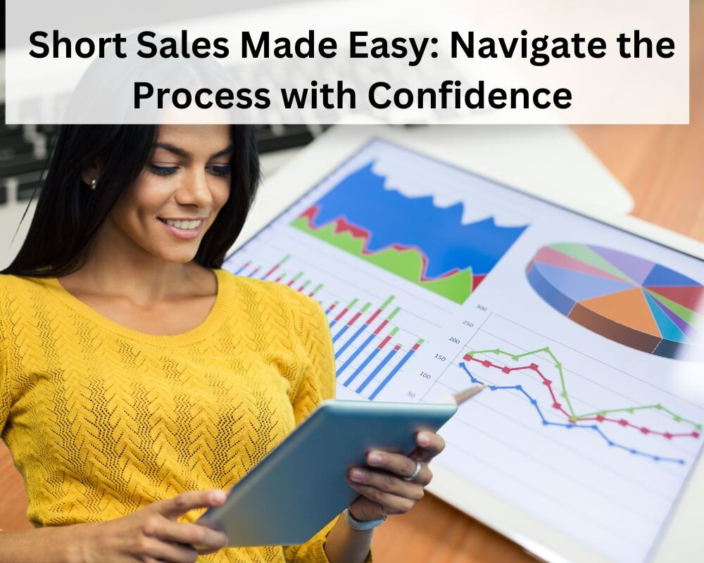 A poised woman reviews a short sale contract in a bright office, with digital market trend charts on a tablet.