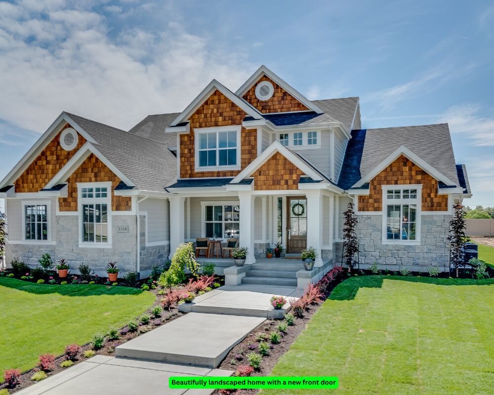 Newly landscaped home with an inviting front door for curb appeal