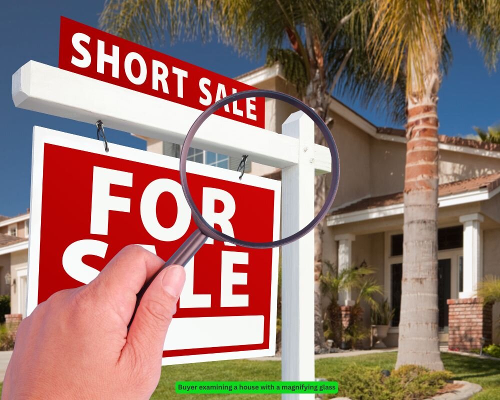 Buyer examining a house with a magnifying glass