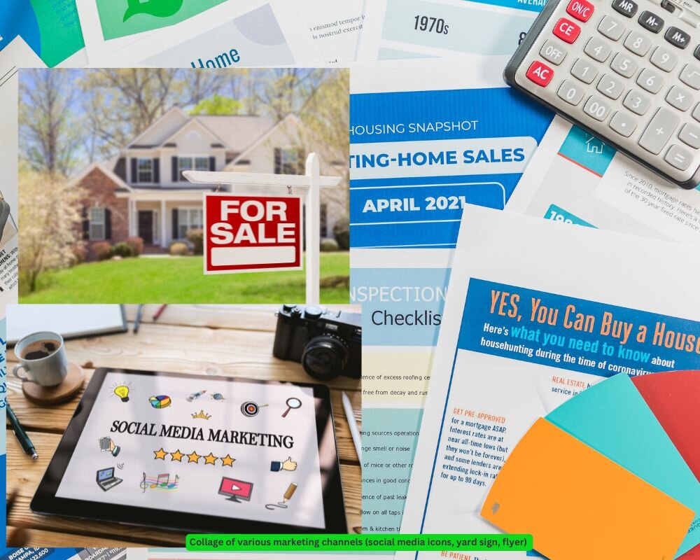 Collage of home marketing strategies including social media, yard signs, and flyers