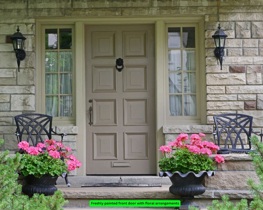 Welcoming front door with fresh paint and flower arrangements