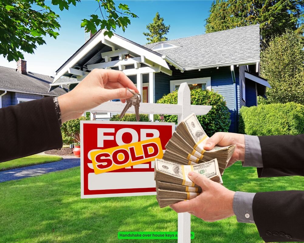 Handshake, house keys, and cash representing cash buyer transactions