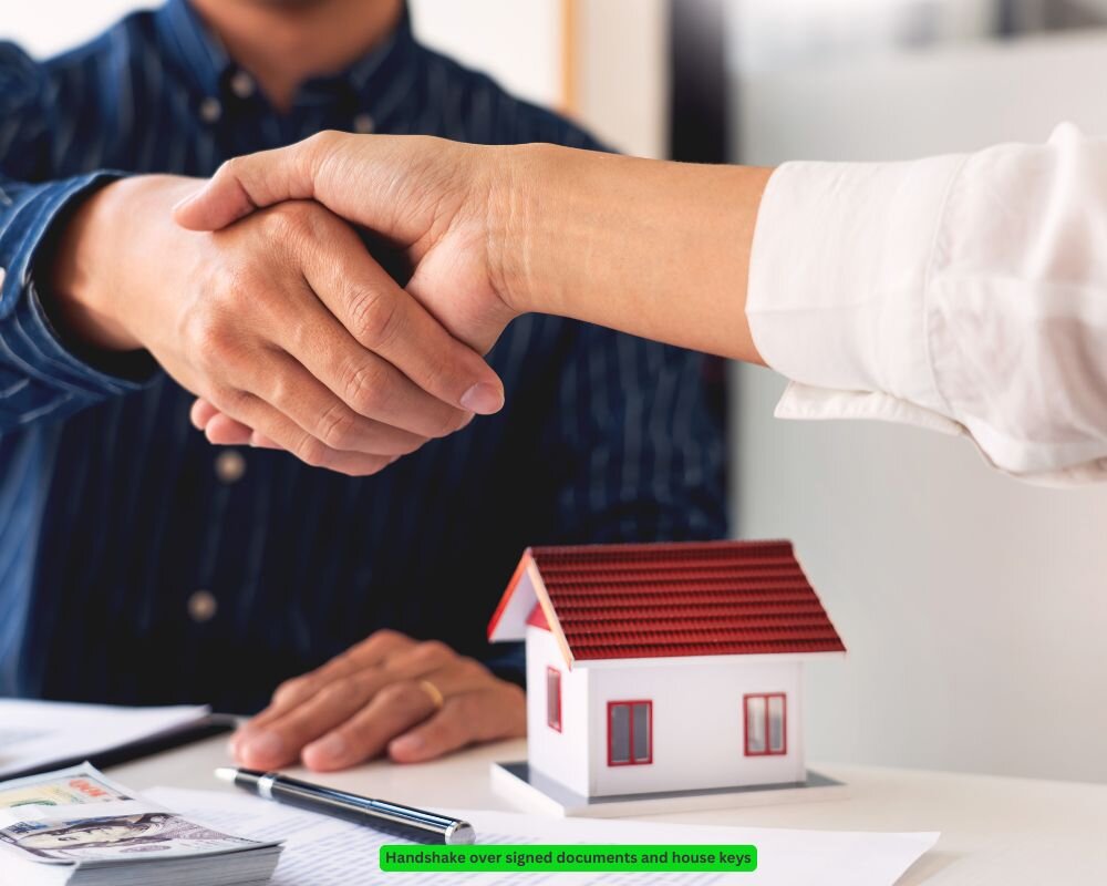 Closing process with cash buyer, featuring signed documents and exchange of keys