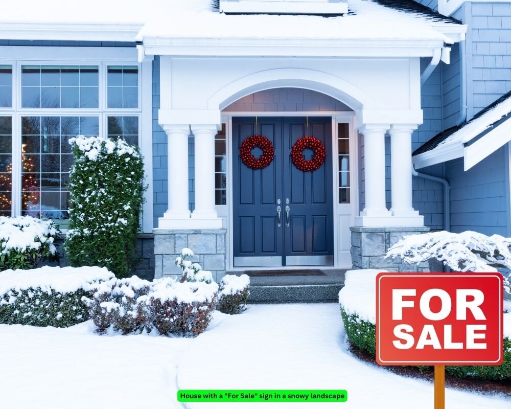 House for sale in winter with snow-covered lawn