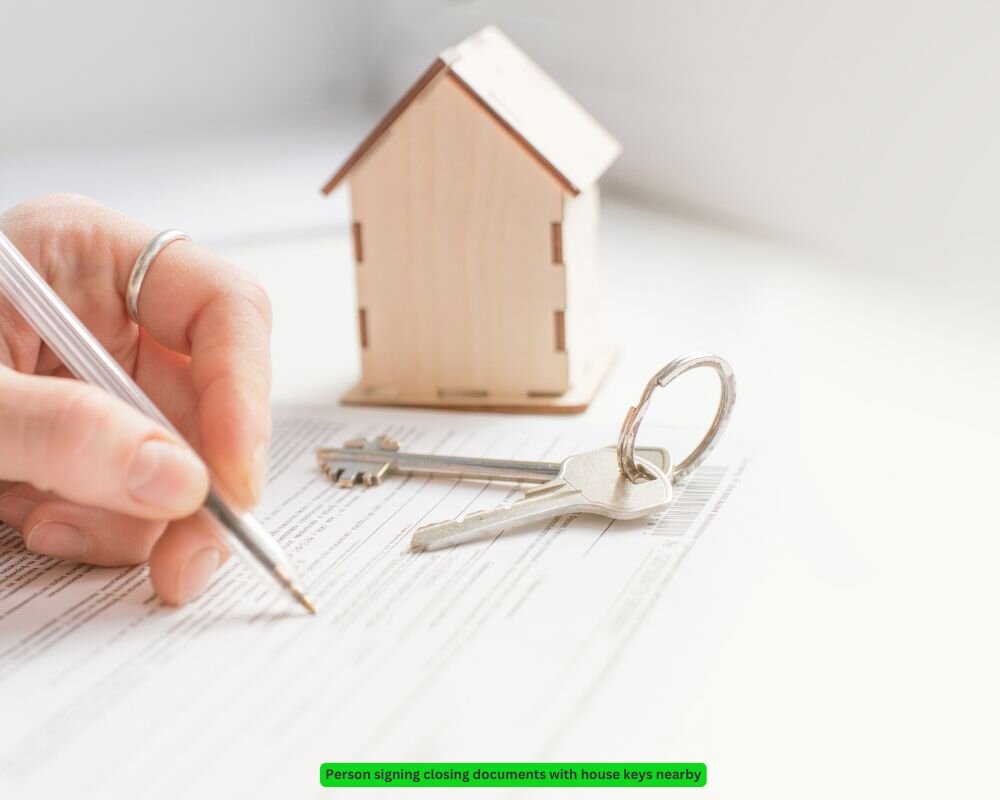 Person signing closing documents with house keys, representing smooth sale completion