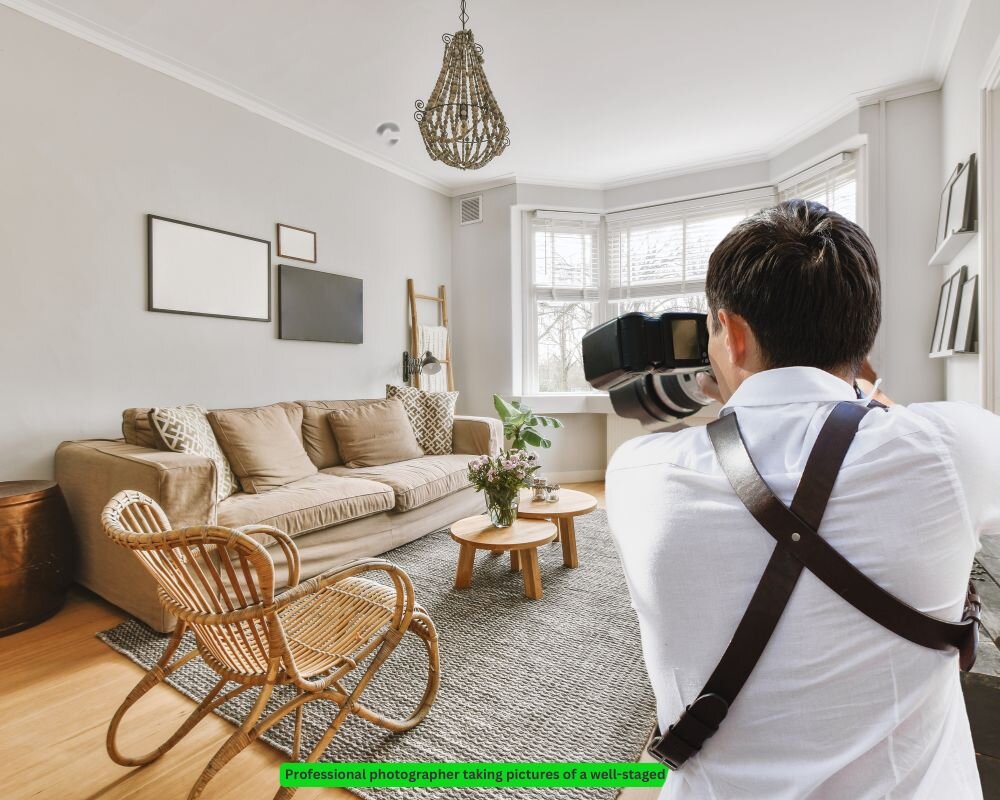 Professional photographer capturing images of a beautifully staged living room