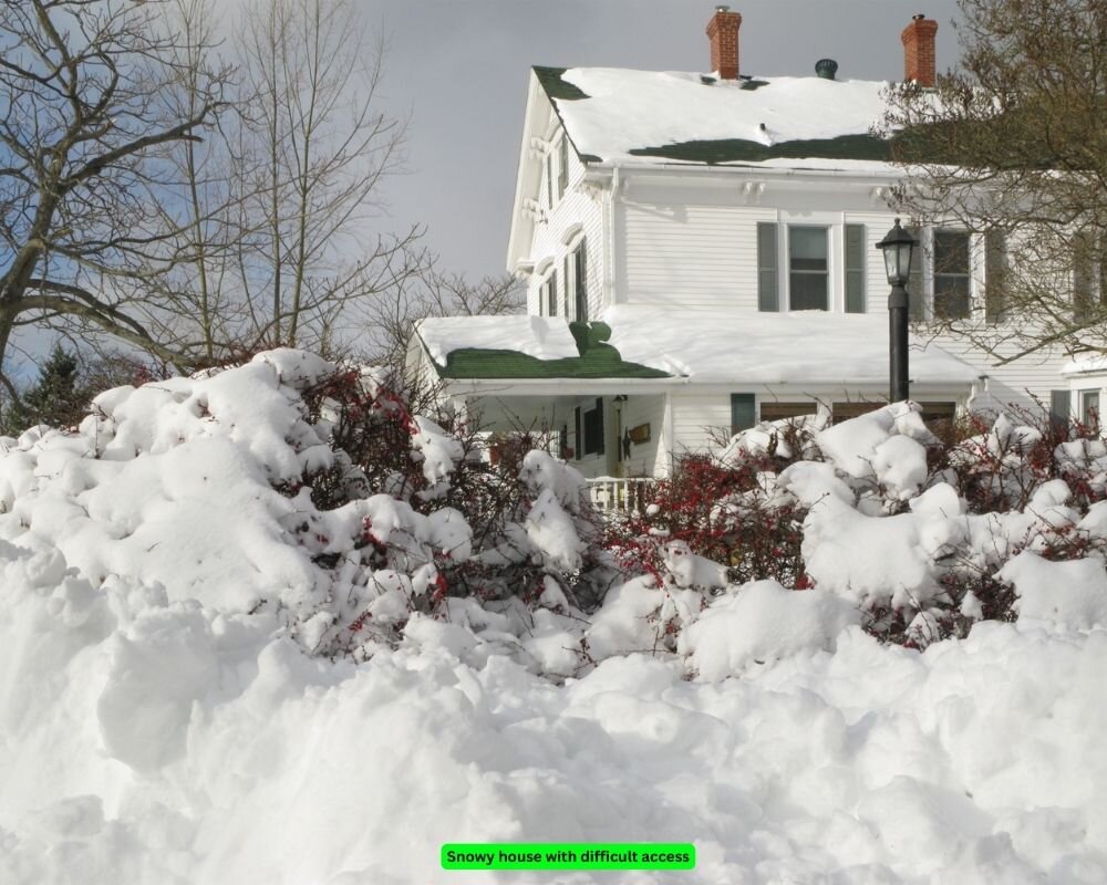 House with snow-covered pathway in winter