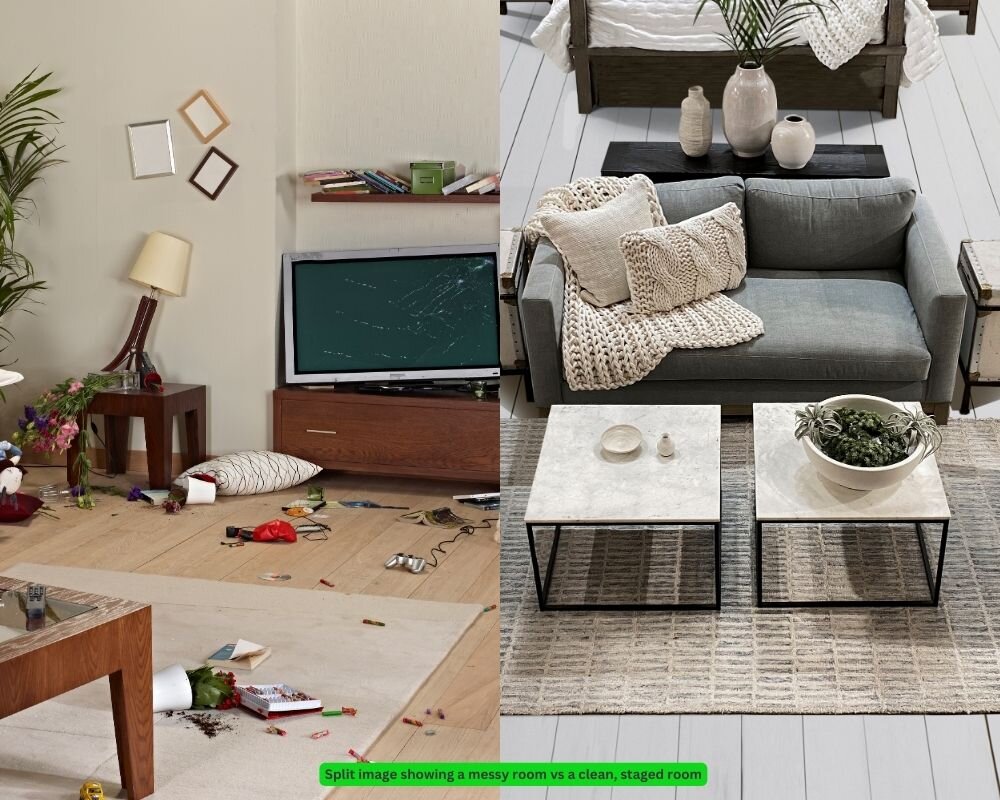 Before and after of home staging, demonstrating preparation for quick sale