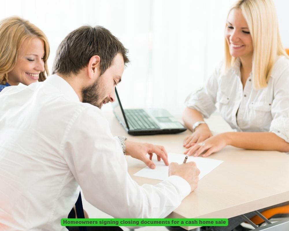 Homeowners signing closing documents for a cash home sale